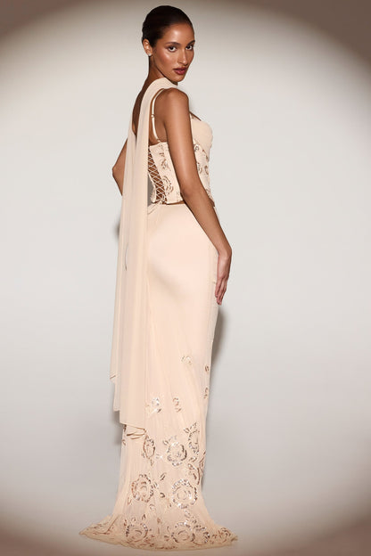 Embellished Draped Mid-Rise Maxi Skirt in Gold