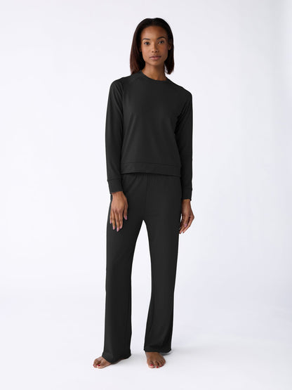Women's Brushed Bamboo Wide Leg Pull On Pant & Pullover Crew Set