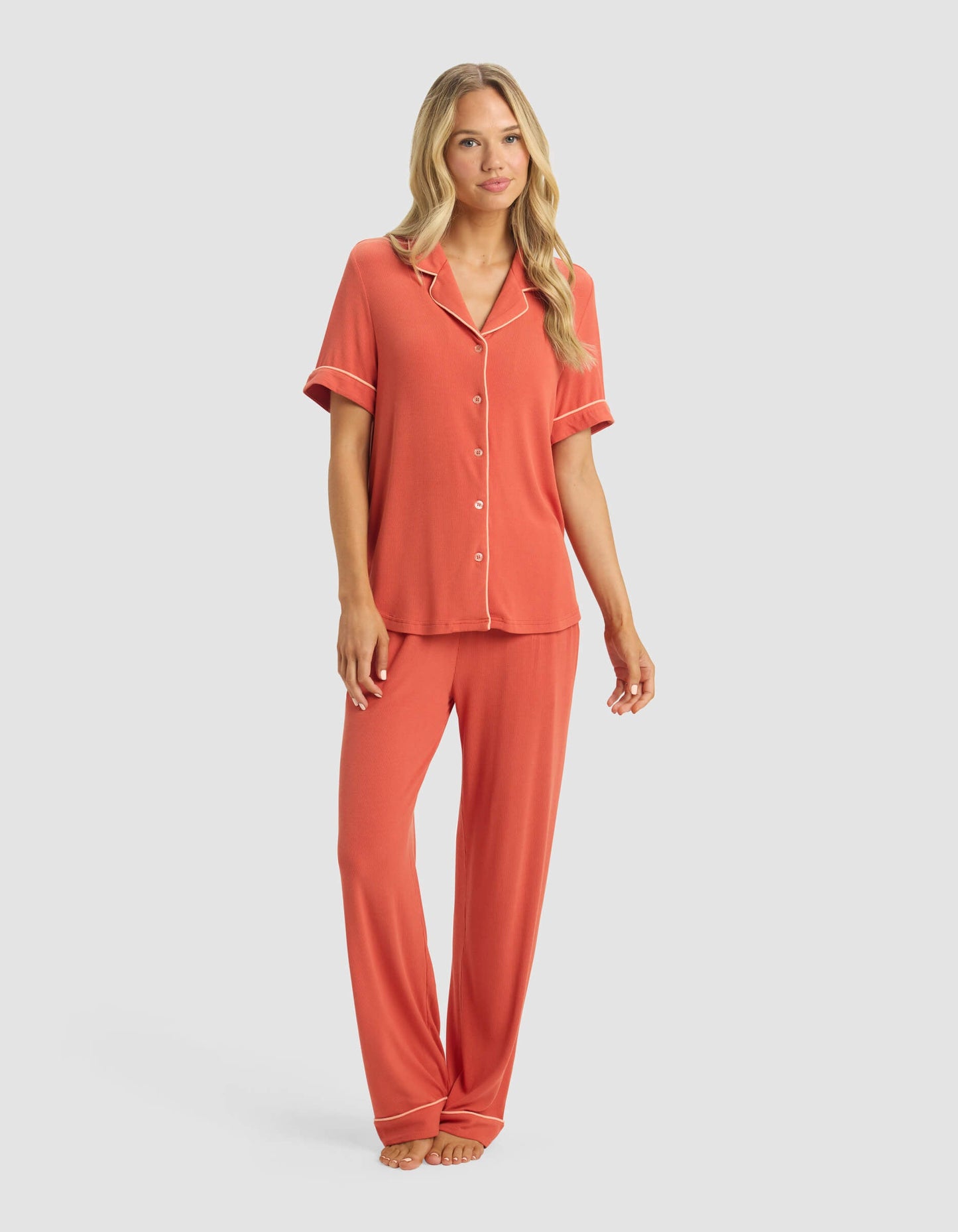 Women's Rib-Knit Classic Short Sleeve & Pant Pajama Set