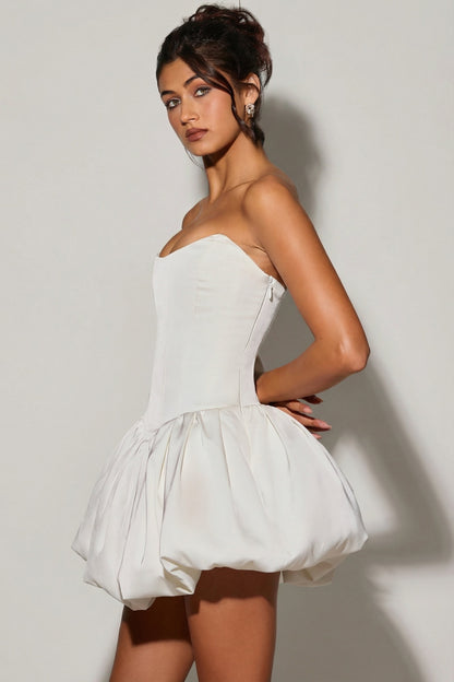 Lace-Up Bubble Hem Corset Micro Mini Dress in White